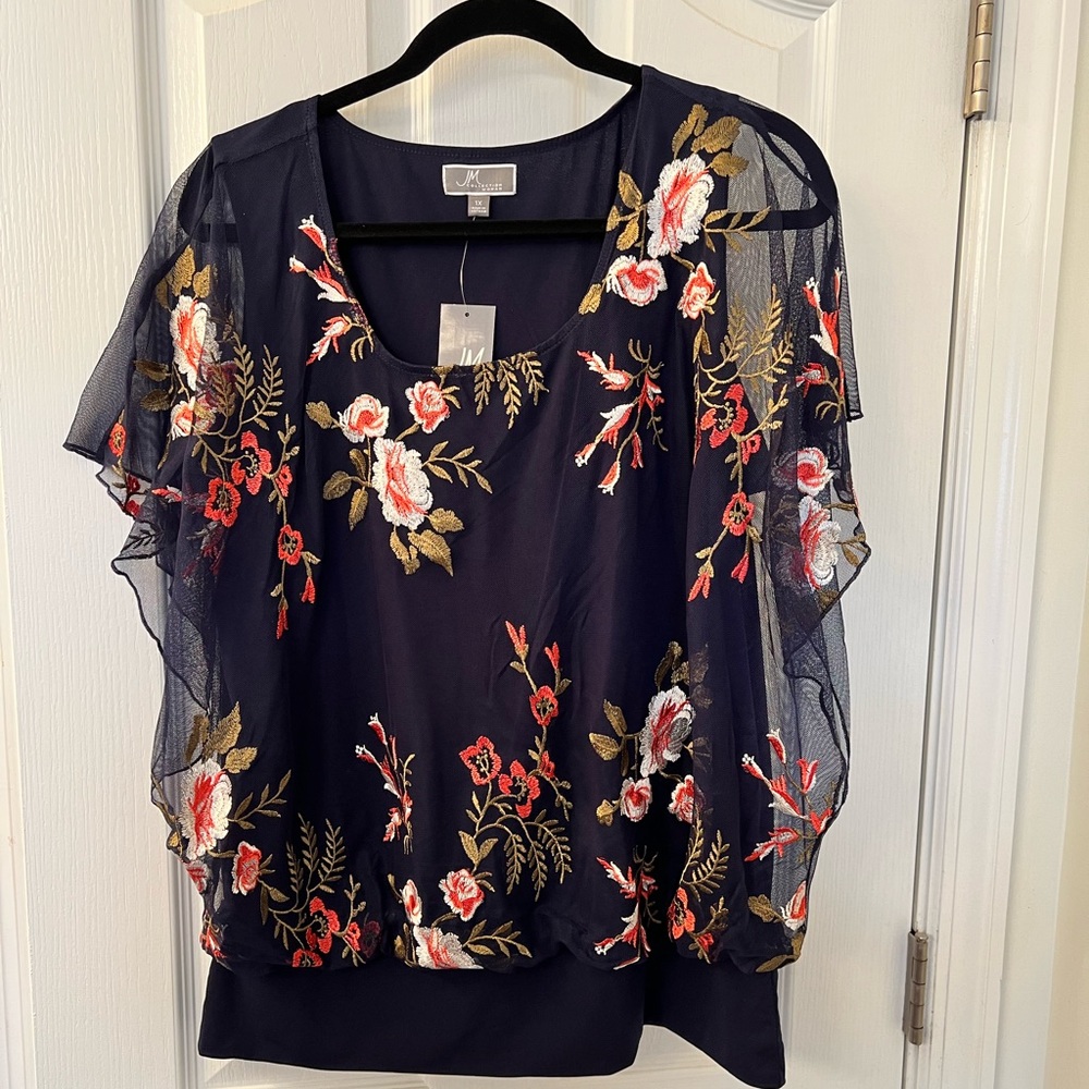 JM Collection blouse in 1X. Navy embroidery. NWT